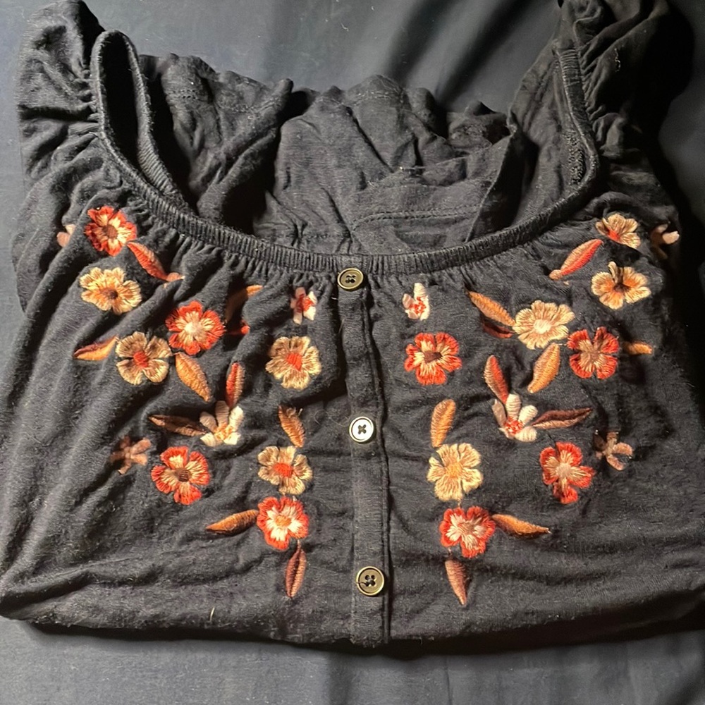 Navy blue fringe shirt with pink flowers